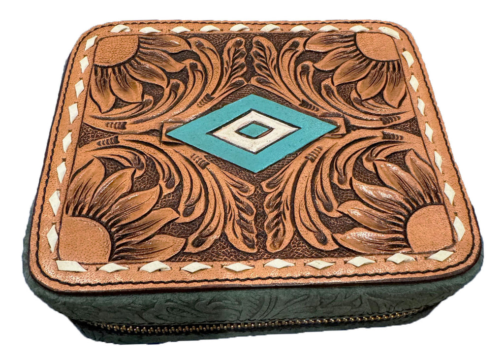 Women's Western Handcrafted Floral Tooled Jewelry Travel Case Box