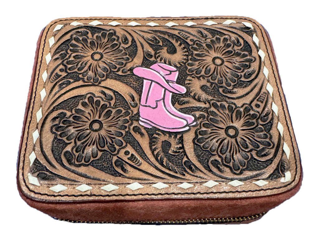 Women's Western Handcrafted Floral Tooled Jewelry Travel Case Box