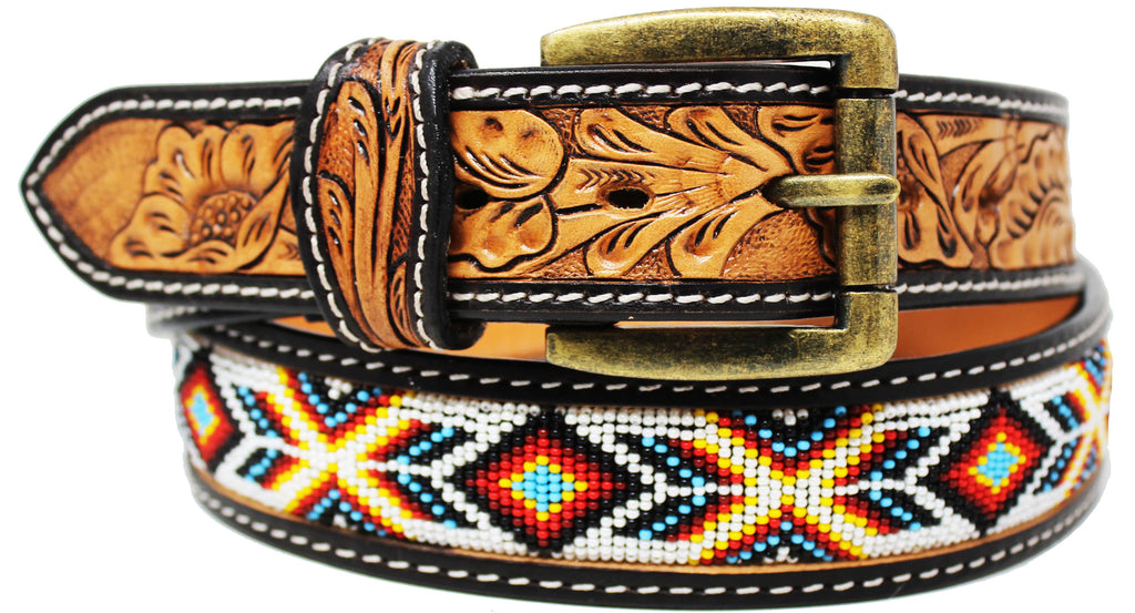 Blue and Black Beaded Leather Belt 