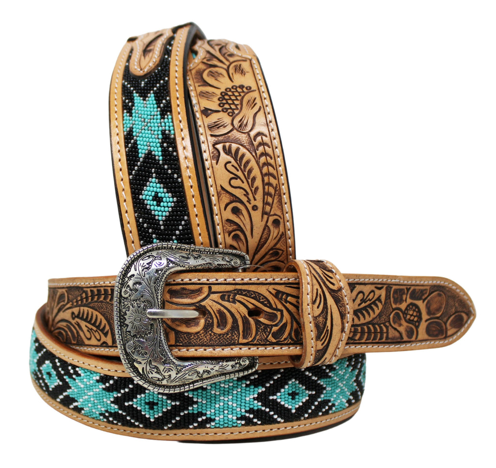 Tan Leather Beaded Belt with Silver Buckle and Floral Etched Silver Cabochons Genuine Leather Beaded Western Heavy Duty Belt, Custom  main image 4