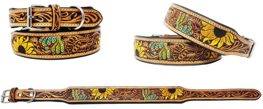 100% Cow leather Challenger Padded Leather Hand Crafted Tooled Dog Collar Cactus 60FK42