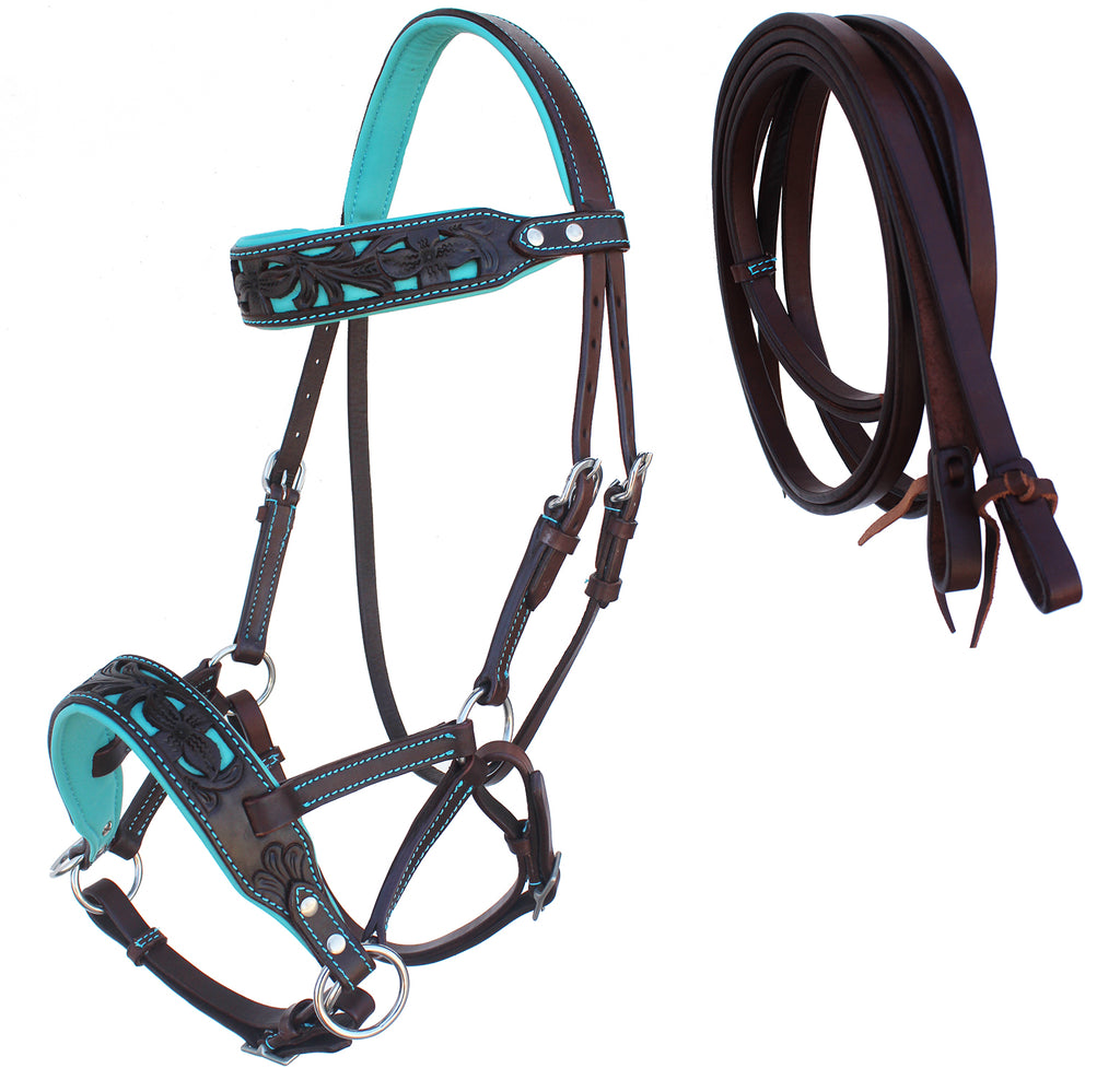Horse Western Leather Floral Tooled Bitless Sidepull Bridle Reins 77RS34