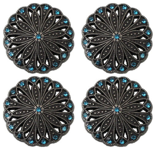 Set of 4 Conchos Western Saddle Tack Antique Silver Rhinestones Co539
