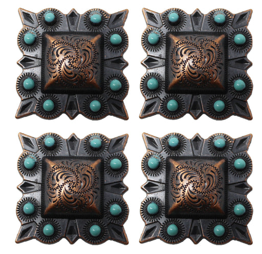 1" Set of 4 Copper Engraved Turquoise Tack Belt Bag Conchos Screw Back CO64