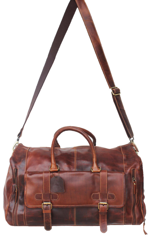 Full Grain Vintage Tan Distressed Leather Travel Weekender Bag Duffle 18AXD02TN