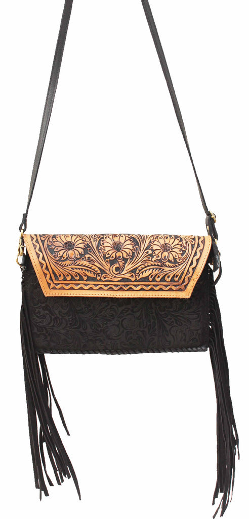 Women's Cowhide Western Floral Tooled Leather Shoulder Purse Handbag 18RTH12