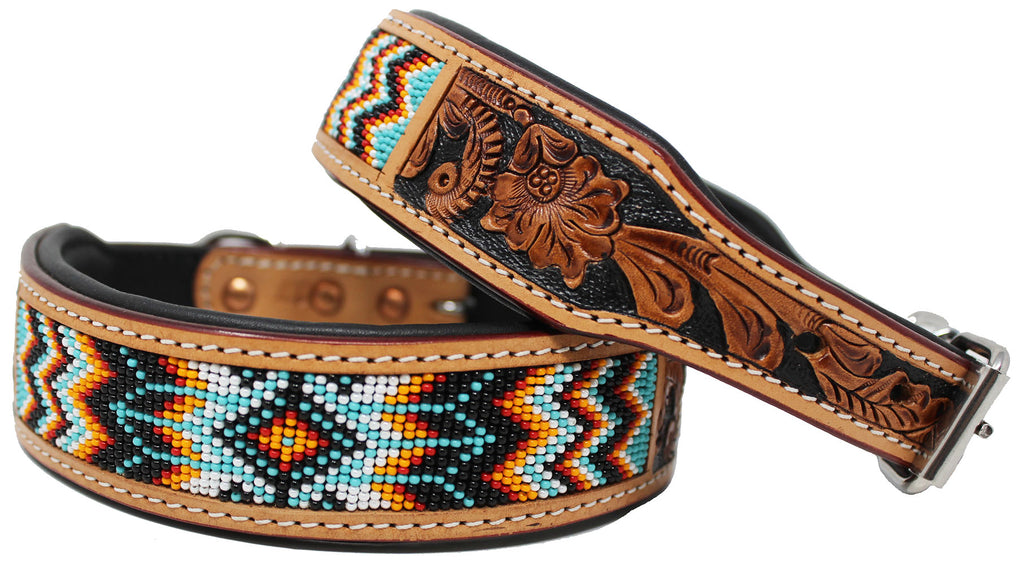  CHALLENGER Large 21''- 25'' Hand Tooled Beaded Padded Leather Dog  Collar 60124 : Pet Supplies