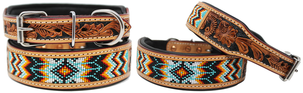  CHALLENGER Large 21''- 25'' Hand Tooled Beaded Padded Leather Dog  Collar 60124 : Pet Supplies