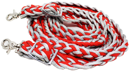 Horse Roping Tack Western Barrel Reins Nylon Braided Silver Red 607323