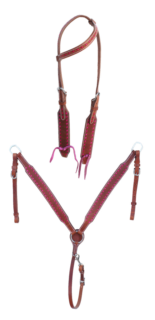 Horse Western Pink Buckstitch Bridle & Breast Collar Tack Set 78ADSet