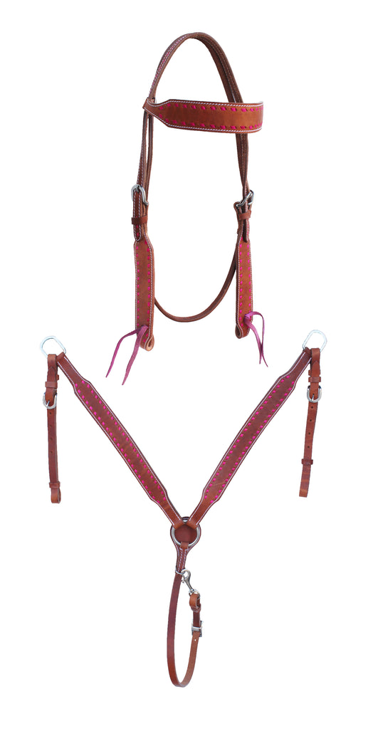 Horse Western Pink Buckstitch Bridle & Breast Collar Tack Set