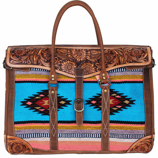 Western Floral Tooled Leather Handwoven Wool Travel Weekender Duffle Bag 103FK01