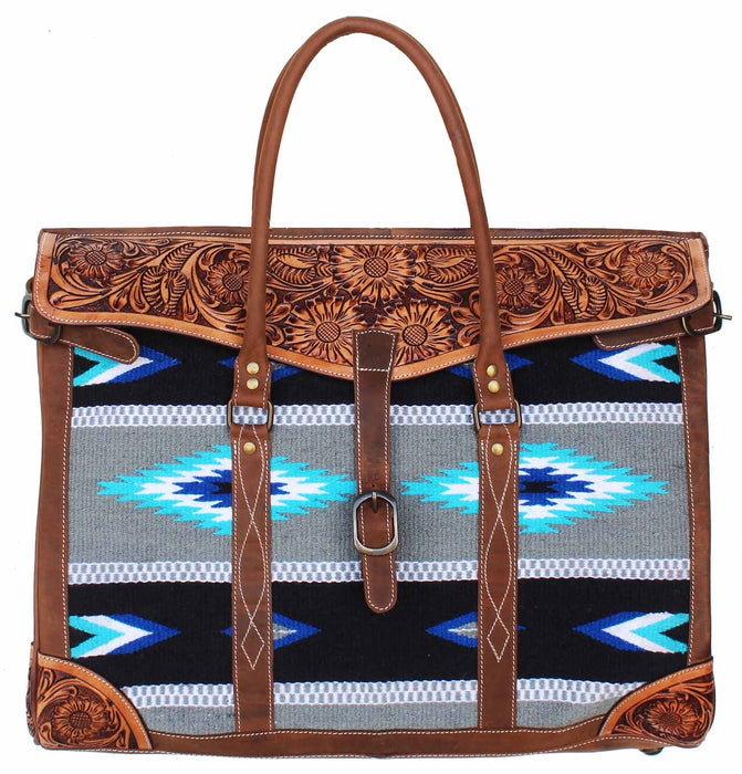 Western Floral Tooled Leather Handwoven Wool Travel Weekender Duffle Bag 103FK04