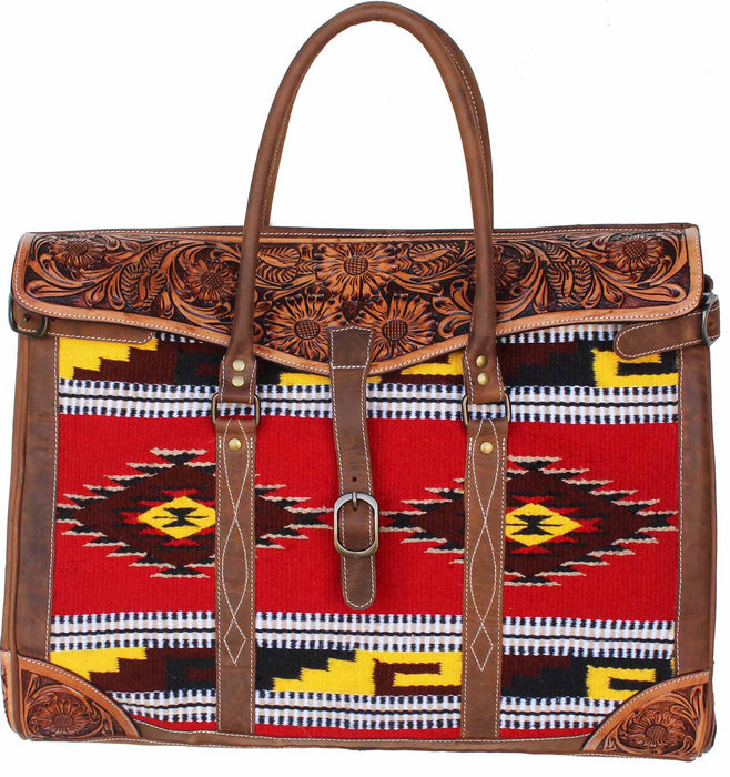 Western Floral Tooled Leather Handwoven Wool Travel Weekender Duffle Bag 103FK05