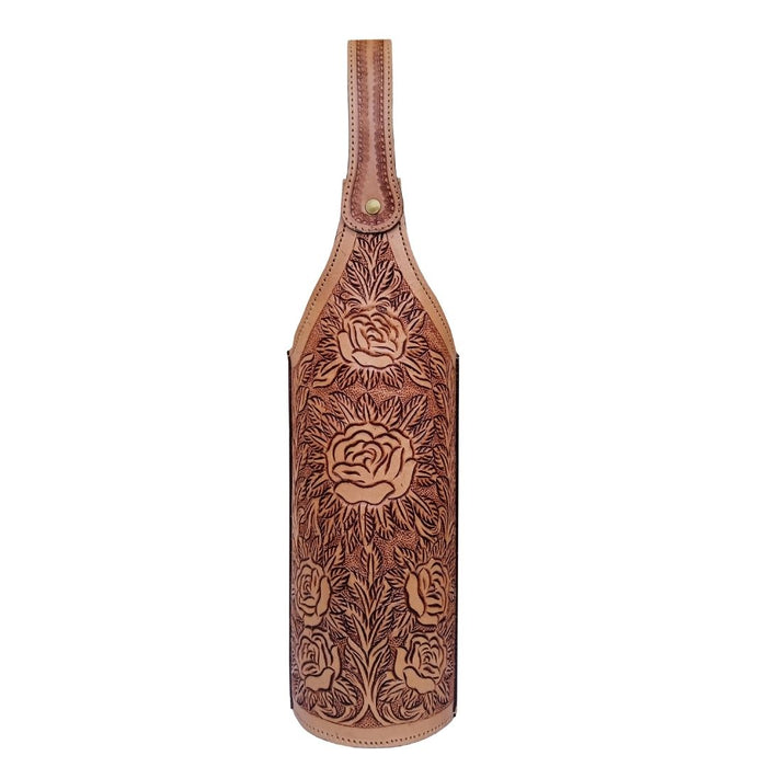 Western Leather Roses Tooled Beaded Inlay Wine Bottle Sleeve Carrier Tote Bag 116RS