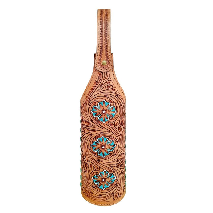Western Leather Roses Tooled Beaded Inlay Wine Bottle Sleeve Carrier Tote Bag 116RS