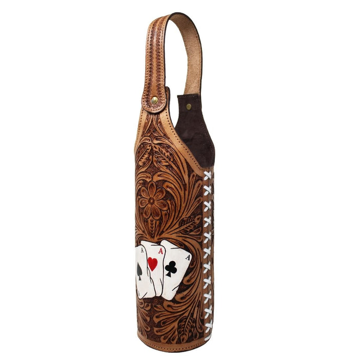 Western Leather Roses Tooled Beaded Inlay Wine Bottle Sleeve Carrier Tote Bag 116RS