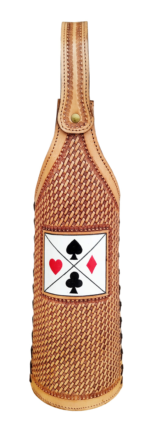 Western Leather Poker Basket Weave Tooled Wine Bottle Carrier Tote Bag 116RS32