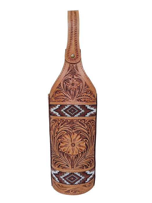 Western Leather Floral Tooled Beaded Inlay Wine Bottle Carrier Tote Bag 116RS33
