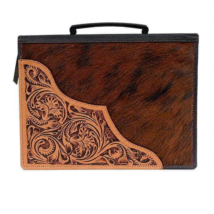 Challenger Western Tooled Leather Bible Cover with Hair-On Hide Accents, Zippered Book Case with Carrying Handle, 10.25" x 7.75" x 2"