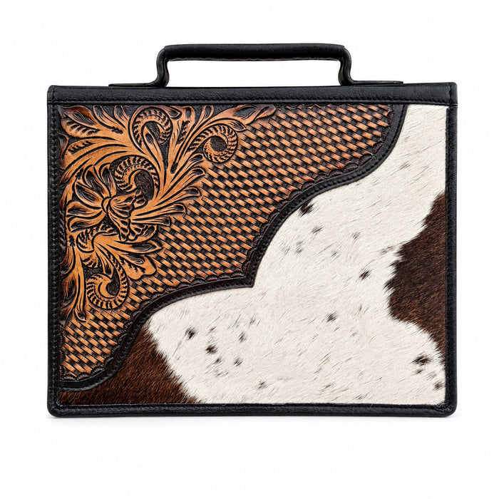 Challenger Western Tooled Leather Bible Cover with Hair-On Hide Accents, Zippered Book Case with Carrying Handle, 10.25" x 7.75" x 2"