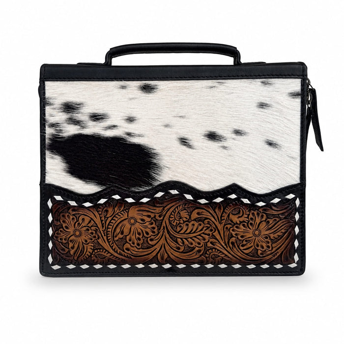Challenger Western Tooled Leather Bible Cover with Hair-On Hide Accents, Zippered Book Case with Carrying Handle, 10.25" x 7.75" x 2"