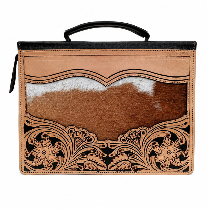 Challenger Western Tooled Leather Bible Cover with Hair-On Hide Accents, Zippered Book Case with Carrying Handle, 10.25" x 7.75" x 2"