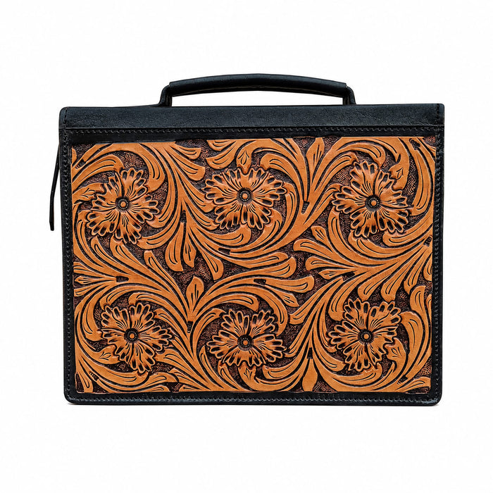 Challenger Western Tooled Leather Bible Cover with Hair-On Hide Accents, Zippered Book Case with Carrying Handle, 10.25" x 7.75" x 2"