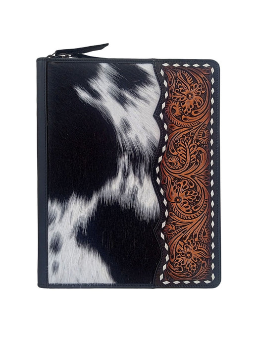Challenger Western Tooled Leather File Folder with Hair-On Cowhide Accents, Zip-Around Portfolio Organizer, 14" x 10.8" x 1.6"