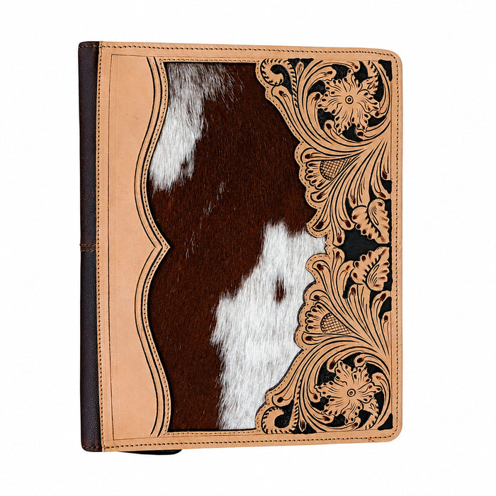 Challenger Western Tooled Leather File Folder with Hair-On Cowhide Accents, Zip-Around Portfolio Organizer, 14" x 10.8" x 1.6"
