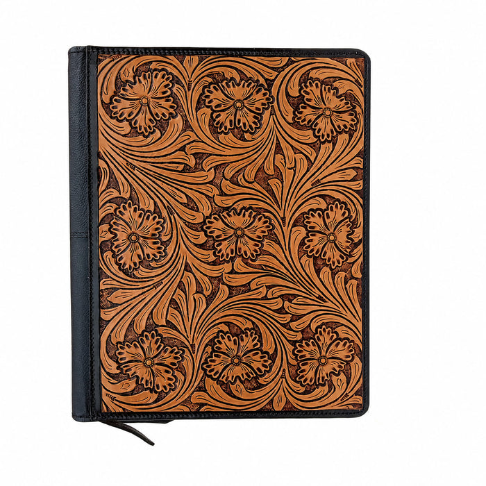 Challenger Western Tooled Leather File Folder with Hair-On Cowhide Accents, Zip-Around Portfolio Organizer, 14" x 10.8" x 1.6"