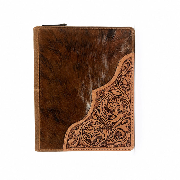 Challenger Western Tooled Leather File Folder with Hair-On Cowhide Accents, Zip-Around Portfolio Organizer, 14" x 10.8" x 1.6"
