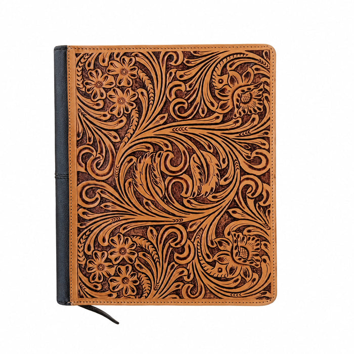 Challenger Western Tooled Leather File Folder with Hair-On Cowhide Accents, Zip-Around Portfolio Organizer, 14" x 10.8" x 1.6"