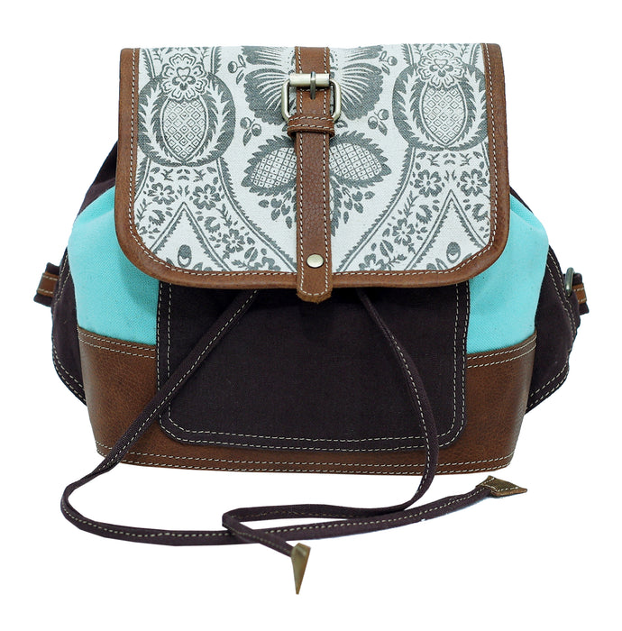 Turquoise Floral Printed Canvas Leather Travel  Backpack Laptop Bag 17RT01