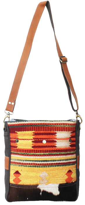 Women's Brown Upcycled Fabric Distressed Leather Shoulder Bag 17RT2115