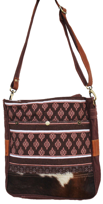 Women's Brown Upcycled Fabric Distressed Leather Shoulder Bag 17RT2115