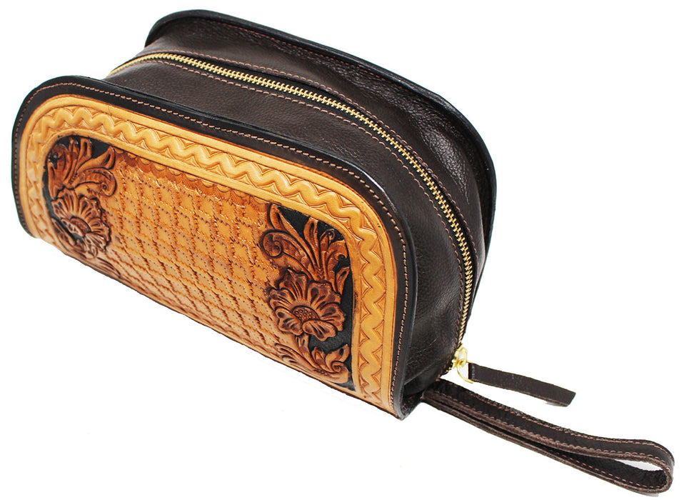 Men's Travel Toiletry Organizer Shaving Kit Tooled Leather Bag 18AA28TN