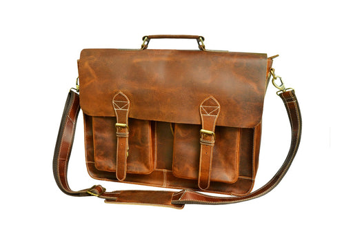 Handcrafted Full-Grain Distressed Tan Leather  Laptop Work Office College Briefcase Crossbody Portfolio Messenger Travel Bag 18AXM01TN