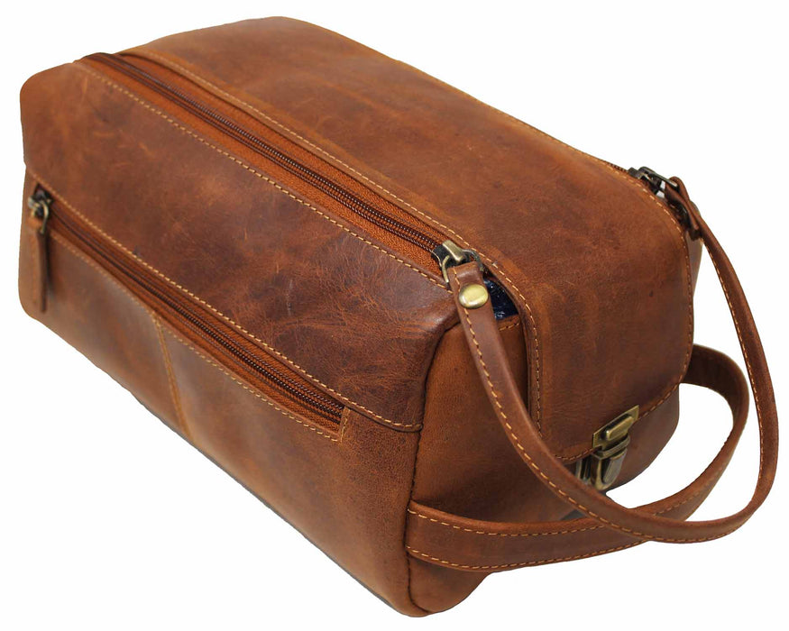 Men's Handcrafted Full-Grain Distressed Brown Leather Travel Toiletry Dopp Shaving Kit Bag 18AXT01