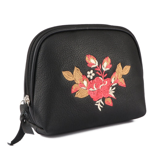 Women's Black Leather Floral Embroidered Zippered Makeup Cosmetic Bag 18Cosmetic