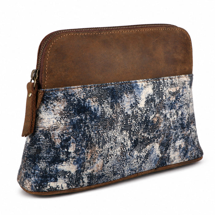 Women's Printed Brown Leather Zippered Makeup Cosmetic Bag 18ZipperedCosmetic