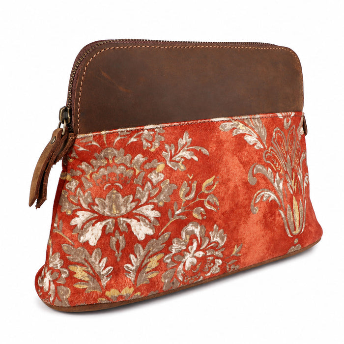 Women's Printed Brown Leather Zippered Makeup Cosmetic Bag 18ZipperedCosmetic