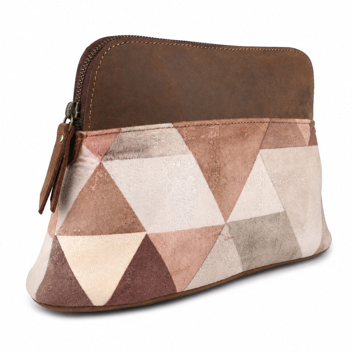 Women's Printed Brown Leather Zippered Makeup Cosmetic Bag 18ZipperedCosmetic