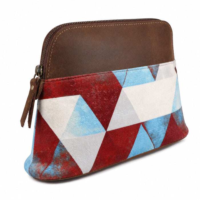 Women's Printed Brown Leather Zippered Makeup Cosmetic Bag 18ZipperedCosmetic