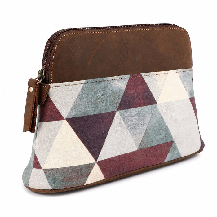 Women's Printed Brown Leather Zippered Makeup Cosmetic Bag 18ZipperedCosmetic