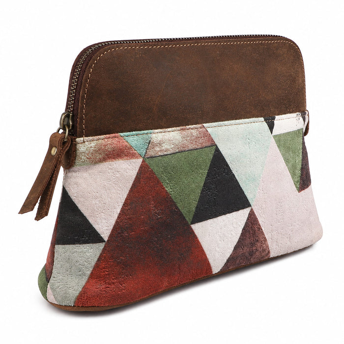Women's Printed Brown Leather Zippered Makeup Cosmetic Bag 18ZipperedCosmetic