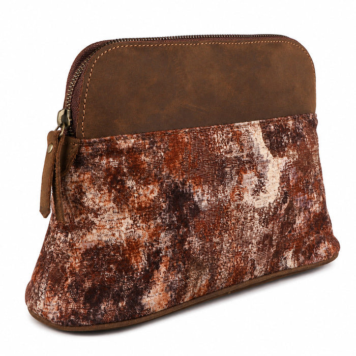 Women's Printed Brown Leather Zippered Makeup Cosmetic Bag 18ZipperedCosmetic