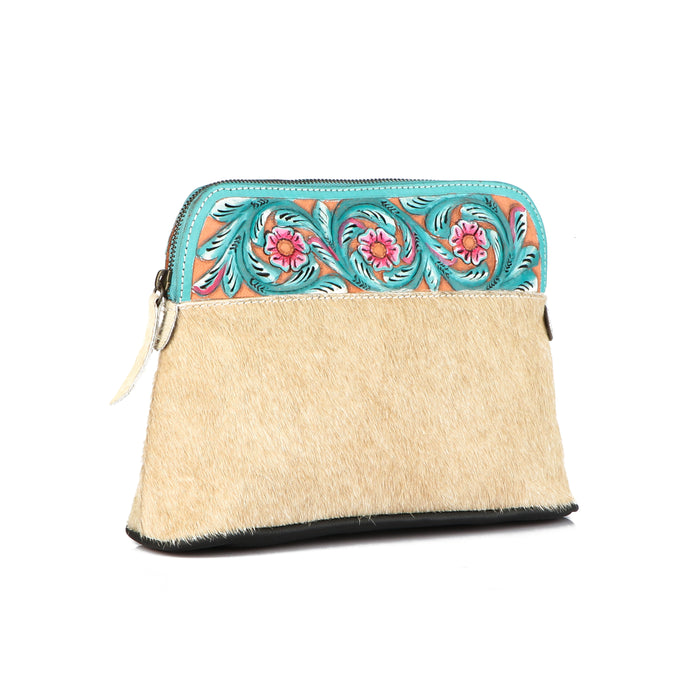 Women Printed Hair-on Floral Tooled Leather Zippered Makeup Cosmetic Bag 18BTHaironCosmetic