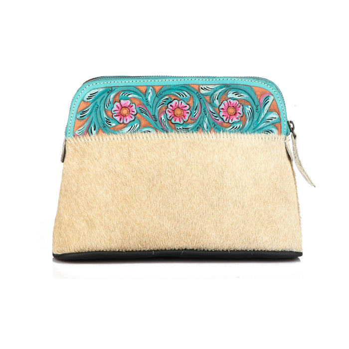 Women Printed Hair-on Floral Tooled Leather Zippered Makeup Cosmetic Bag 18BTHaironCosmetic