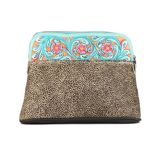 Women Printed Hair-on Floral Tooled Leather Zippered Makeup Cosmetic Bag 18BTHaironCosmetic